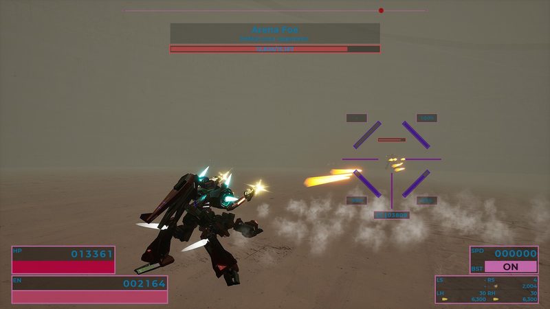 Official RIG Riot screenshot: a dark red RIG exchanging fire with an arena opponent in a barren arena, with both health bars visible.
