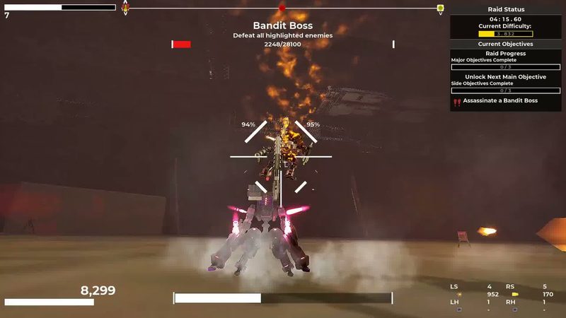 Official RIG Riot trailer frame: a grey RIG with glowing pink thrusters firing a cannon at a burning enemy in a dark arena.