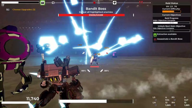 Official RIG Riot trailer frame: a red RIG firing energy beams at a distant enemy during a Bandit Boss objective, with upgrade choice and extraction prompts on screen.