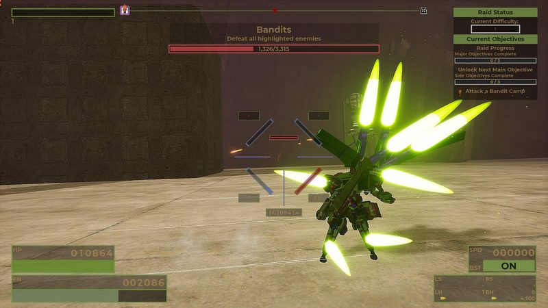 Official RIG Riot screenshot: a green RIG firing in a concrete raid arena while the Bandits objective tracker, raid status and health bars are on screen.