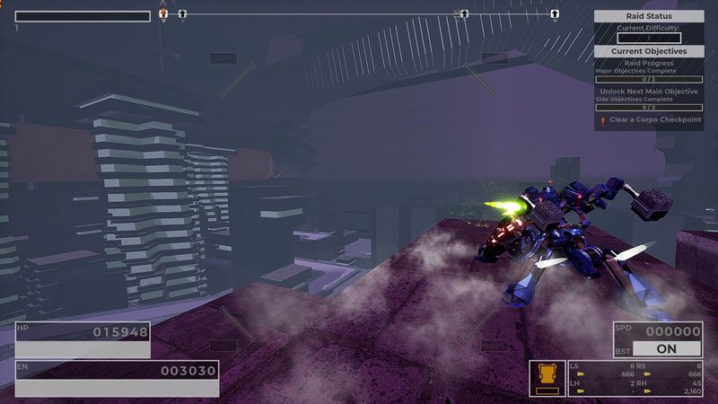Official RIG Riot screenshot: a blue and purple RIG standing on a raised platform among stacked industrial blocks and pipes.