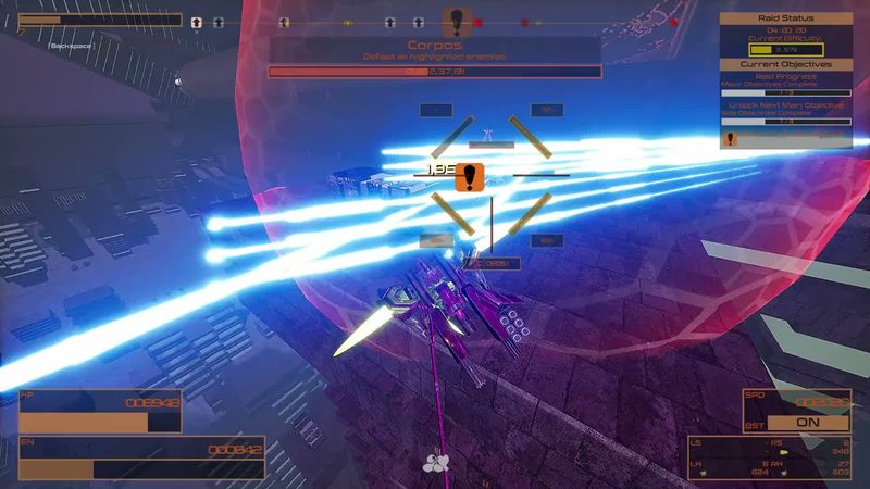 Official RIG Riot trailer frame: a purple RIG firing energy beams in a city district, with Corpos objectives listed on screen.