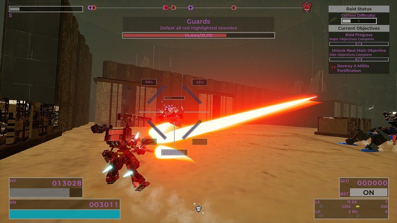 Official RIG Riot screenshot: a red RIG firing a large beam weapon at Guards in a dusty outpost with stone structures and crates.