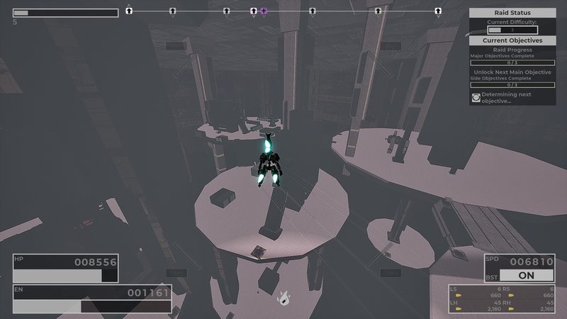 Official RIG Riot screenshot: a dark mech standing on a circular platform in an industrial raid area with health, energy and objective readouts.