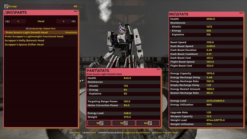 Official RIG Riot screenshot of the garage part screen: a white and black RIG beside health, resistances, boost, energy capacity and weight load values.