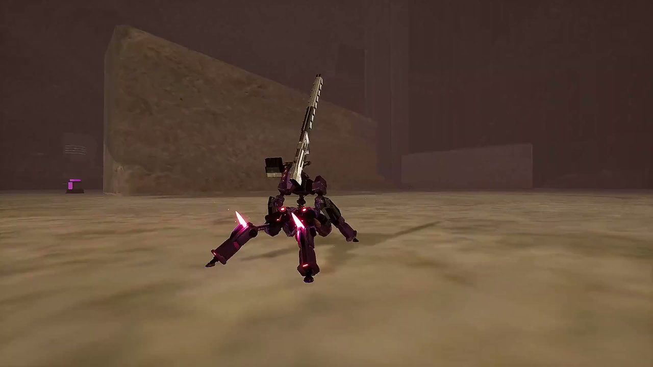 Official RIG Riot trailer frame: a purple-legs RIG holding a tall blade weapon in a foggy sand arena.
