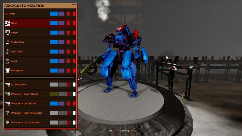 Official RIG Riot screenshot of the RIG customization screen: a blue and purple mech on a circular platform beside Head, Torso, Arm, Legs, Backpack and Weapon slots.
